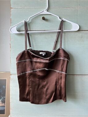 Reformation Chocolate Satin Cami with Contrast Stitching